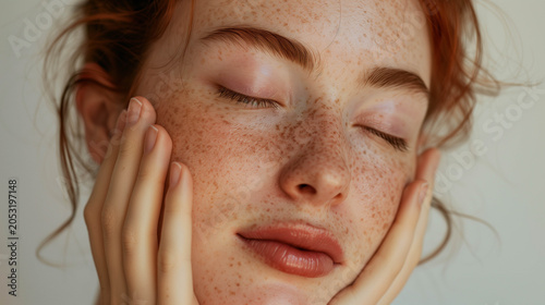 Close Up Portrait of Freckled Young Woman Touching Face with Eyes Closed
