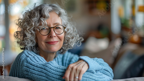 Smiling Mature Woman Relaxing Comfortably Indoors Wearing Cozy Blue Sweater