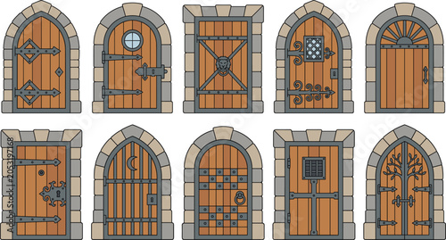 Konstfotografi Medieval wooden door collection with fantasy castle entrances and decorative arc