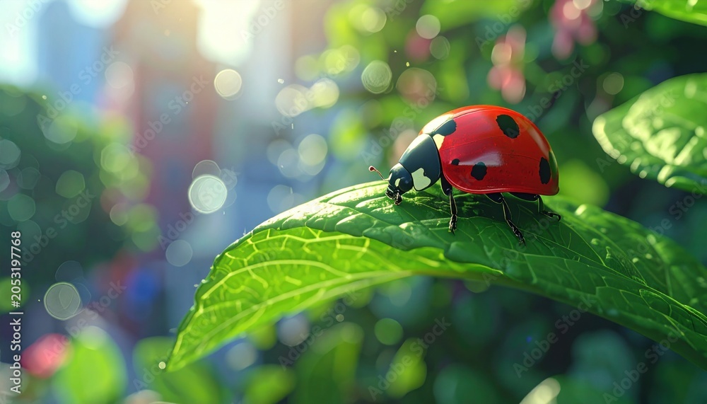Obraz premium Ladybug Resting on a Vibrant Green Leaf in Sunlight.