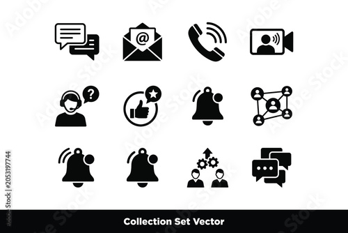 Black Communication and Customer Service Service Vector Icon Set
