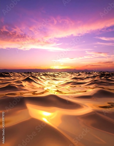 Dramatic sunset over vast desert dunes.