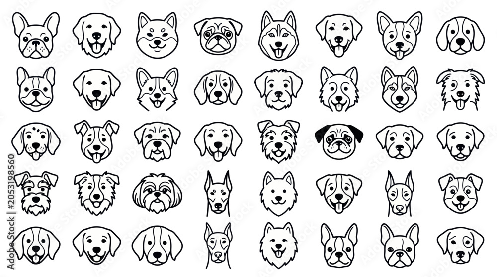 Fototapeta premium Dog Breeds Collection Icon Set: Cute Puppy Faces Vector Art