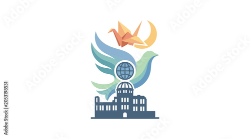 Hiroshima Peace Memorial Logo with Origami Crane and Dove