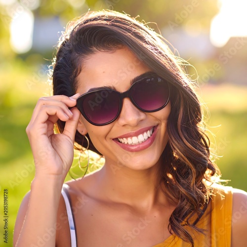 Happy woman wearing sunglasses and smiling outdoors.