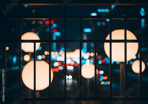 Glowing spherical lanterns illuminate a dark, moody urban nightscape with blurred city lights and traffic visible through a window.
