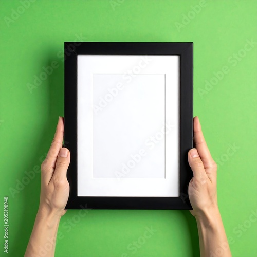 Hands holding empty picture frame against green wall.