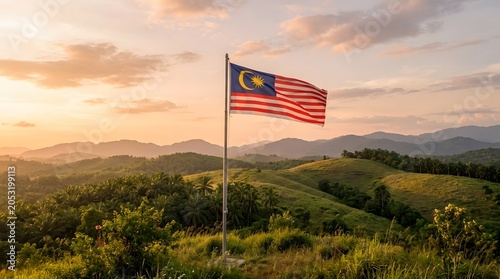 Malaysian flag waving on a hill during a vibrant sunset