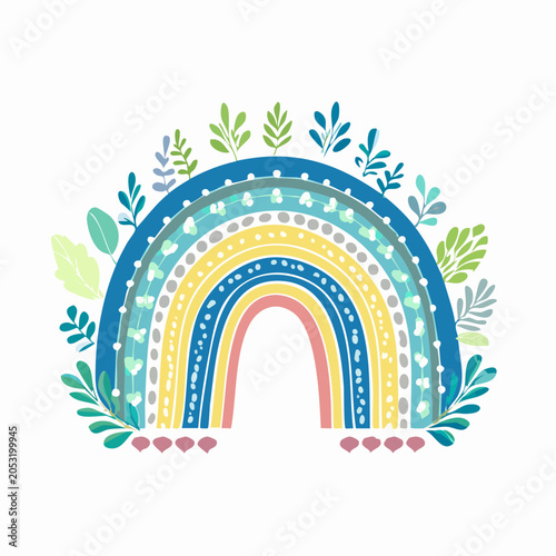 Bohemian Rainbow with Green Leaves and Floral Accents