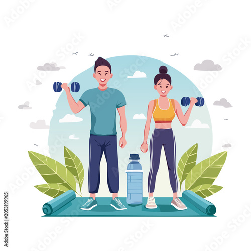Couple doing dumbbell exercises outdoors with water bottle and yoga