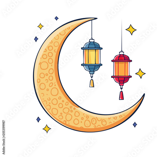 Crescent moon with hanging lanterns and stars