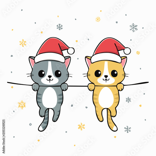 Two Cute Kittens Wearing Santa Hats Hanging on a Wire with Snowflakes