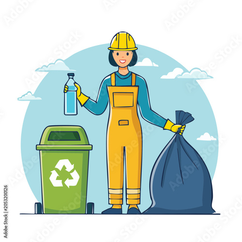 Sanitation worker with trash can and trash bag