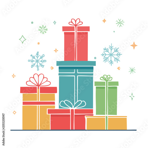 Pile of colorful gift boxes with snowflakes and stars