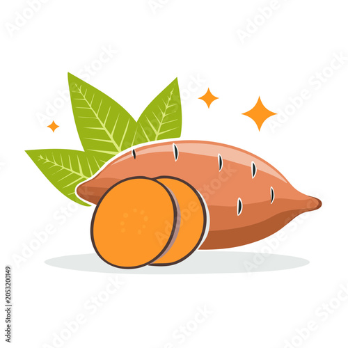 Sweet potato with leaves and slices, flat design illustration