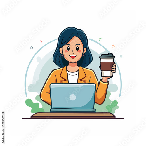 Woman working on laptop with coffee cup