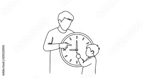 Konstfotografi Father and son learning to tell time on a clock, simple line art illustration