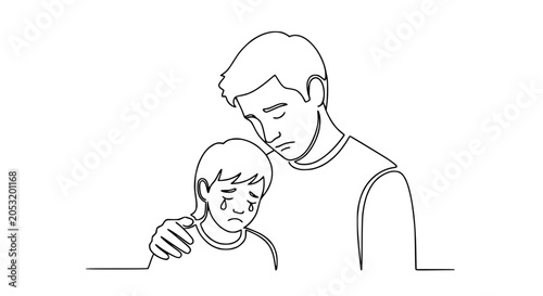 Tablou pe pânză Father Comforts Crying Child, Emotional Support, Single Line Art