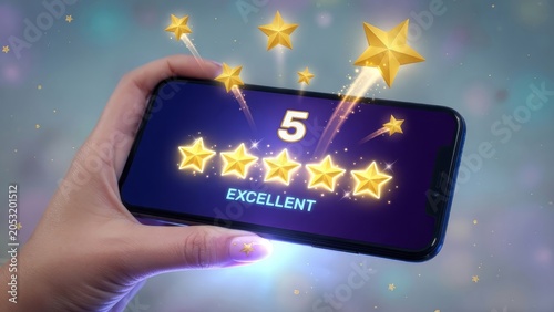 Person shows perfect rating on smartphone with festive glowing stars