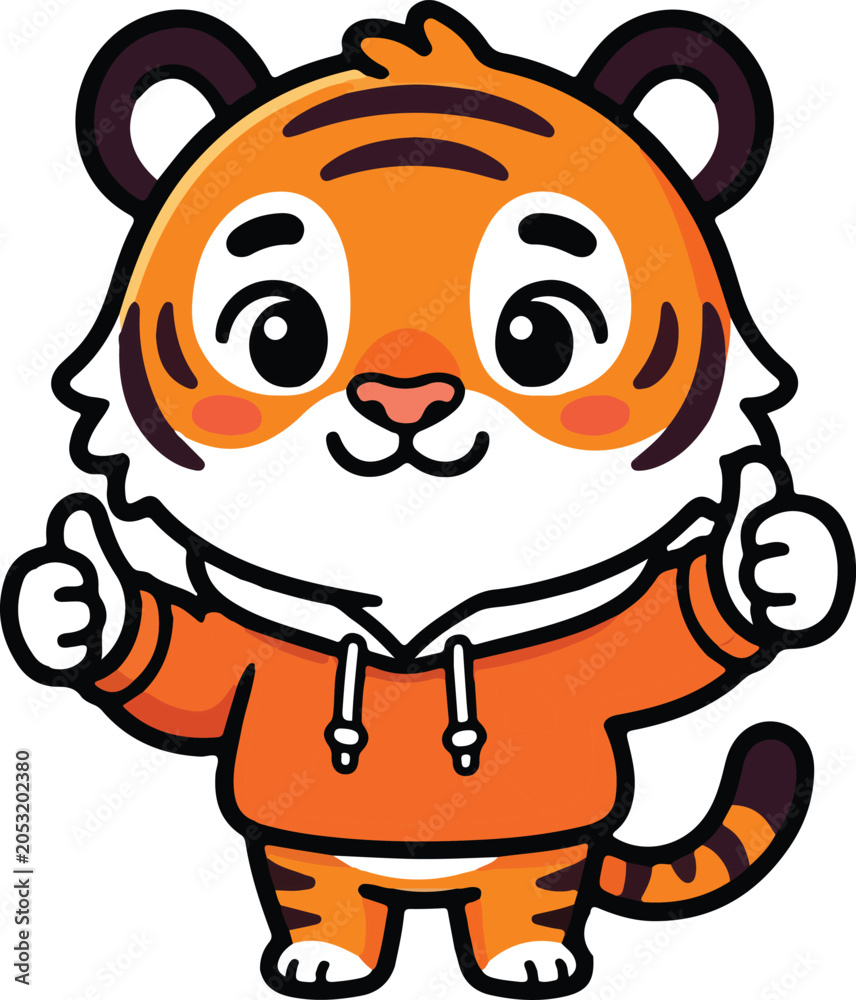 Naklejka premium Cute baby tiger cartoon in orange hoodie giving double thumbs up tiger mascot vector design.