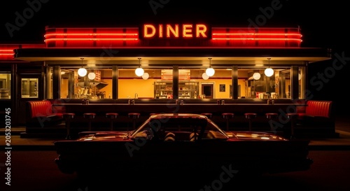 Classic American Diner at Night with Neon Lights and Retro Vibe