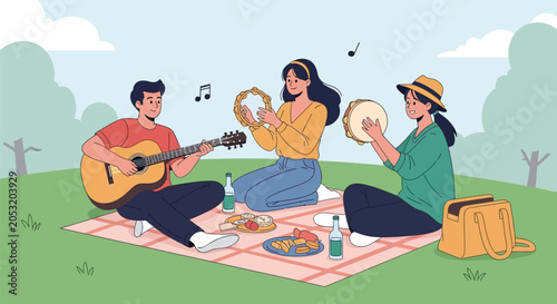 Group of Friends Enjoying a Picnic in the Park with Live Music, Playing Guitar and Tambourine Illustration