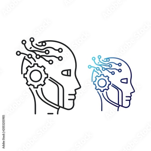 Abstract illustration of robotic head with circuit board elements on white