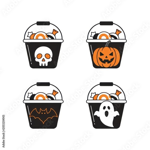 Halloween candy buckets with skull pumpkin bat ghost icon illustration