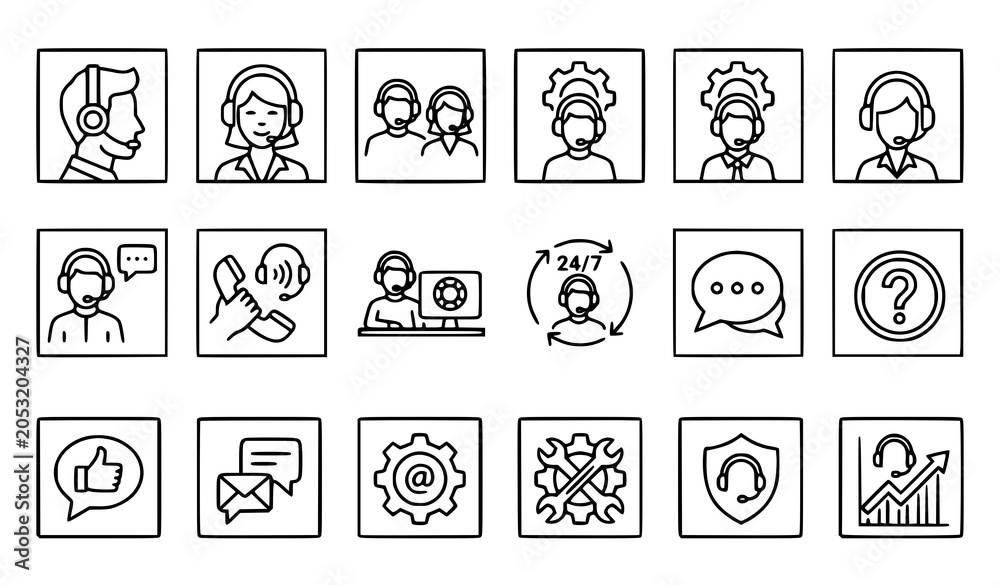 Fototapeta premium Minimal customer service headset support vector set with outline icons