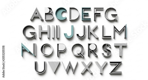 Minimalist Geometric Alphabet Letters in Silver Metallic 3D Style on Dark Background