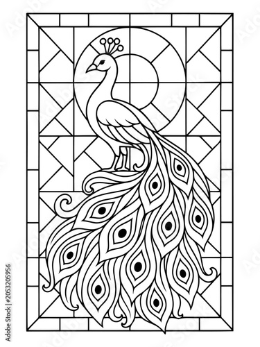 Peacock in Stained Glass Style: An elegant peacock with a magnificent fanned tail is depicted in a stylized stained glass window pattern, featuring geometric shapes and intricate lines.