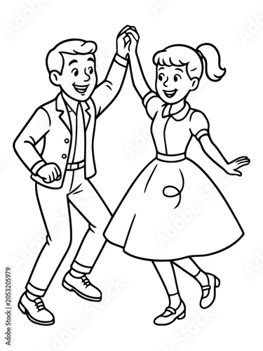 Vintage Dancing Couple: A cheerful couple, dressed in retro 1950s attire, hold hands and dance with joy, capturing the spirit of a bygone era.