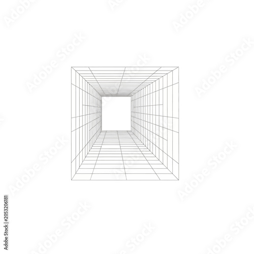 Abstract Perspective Wireframe Tunnel with Geometric Grid Lines for Architectural Design Concepts