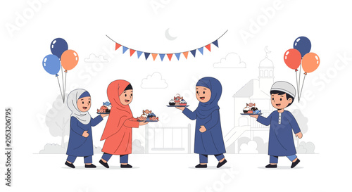 Festive Joy: Happy Muslim Children Sharing Treats During Eid Celebration