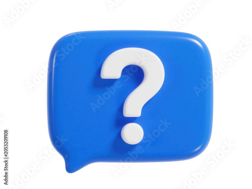 3D render of a blue glossy speech bubble with a white question mark, isolated icon for communication, query, help, or customer support interfaces.
