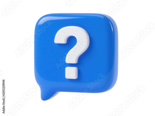 3D render of a blue glossy speech bubble icon with a centered white question mark. Minimalist social media notification symbol, isolated object for web design.