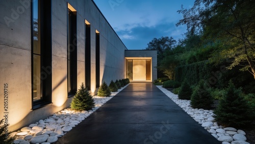 Luxury Modern Minimalist House Entrance Walkway with Architectural Landscape Lighting and Lush Green Garden at Twilight