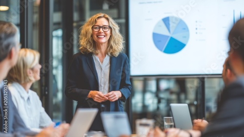 Confident Businesswoman Presenting Data Insights to Boardroom Audience with Charts and Graphs Visible on Screen in Modern Office Environment