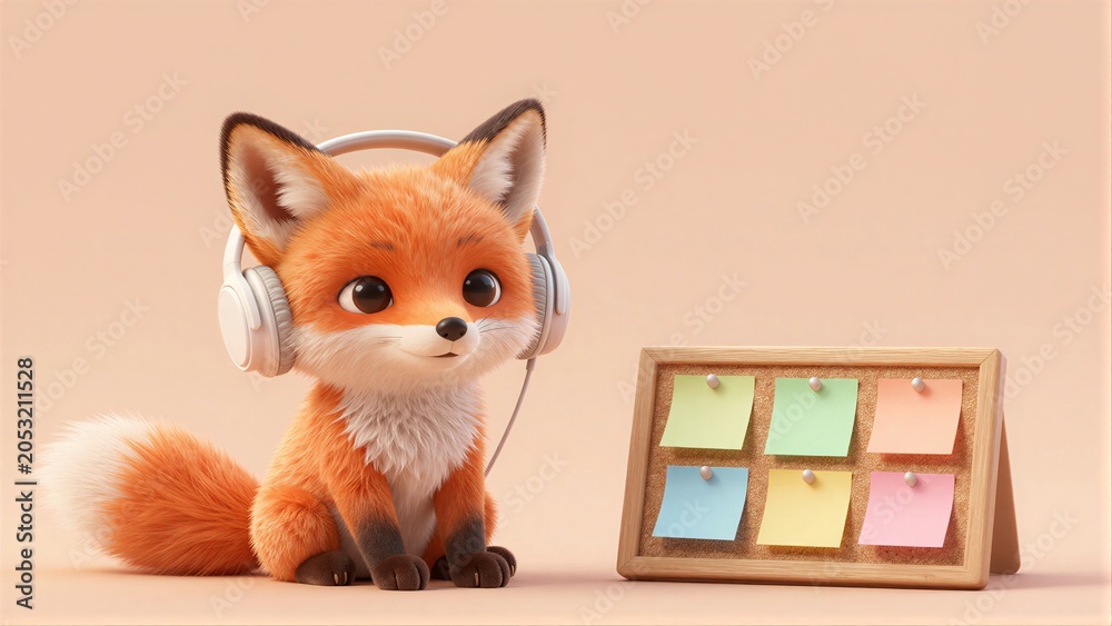 Fototapeta premium Cute fox with headphones sits beside colorful sticky notes on a