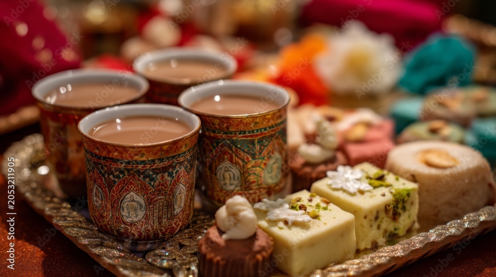 Fototapeta premium Exquisite Close-up of Traditional Indian Sweets and Teas Arranged on Ornate Silver Platter During Festive Celebration with Colorful Decor