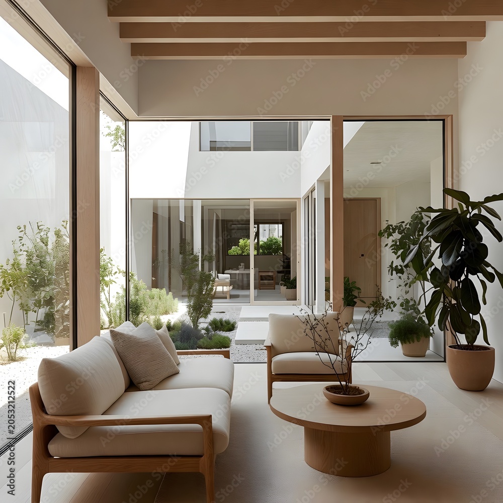 Fototapeta premium Modern Scandinavian interior overlooks bright indoor courtyard space