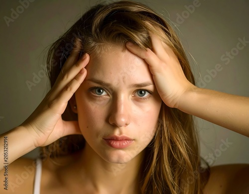 Portrait of a young woman looking at the viewer. Her hands are on her head with a serious expression. Her hair is long and wavy