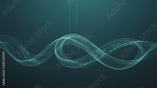 Elegant digital waves of light particles dance against a deep teal