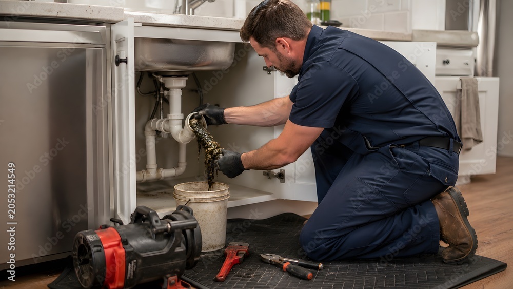 Obraz premium Plumber removing blockage from kitchen sink drain pipe