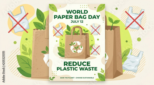World Paper Bag Day poster promoting reduce plastic waste with eco-friendly paper bags and green leaves a concept for environmental awareness and sustainability