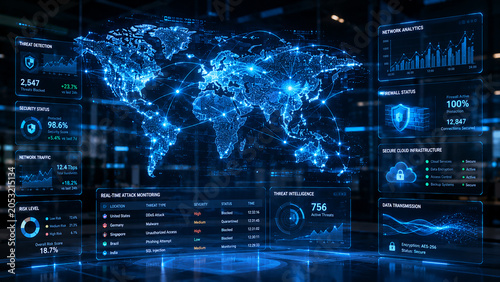 Global cybersecurity dashboard with world map visualization, real-time threat intelligence, secure cloud infrastructure, network analytics, and advanced digital security monitoring.