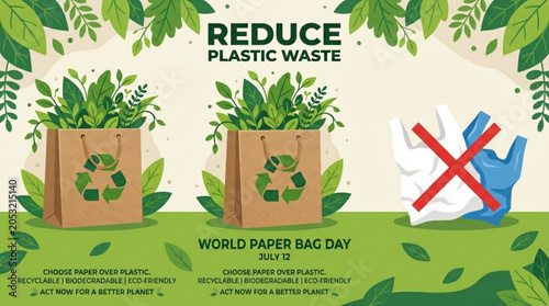 Reduce plastic waste with paper bags and green leaves promoting World Paper Bag Day for eco-friendly choices and a sustainable planet