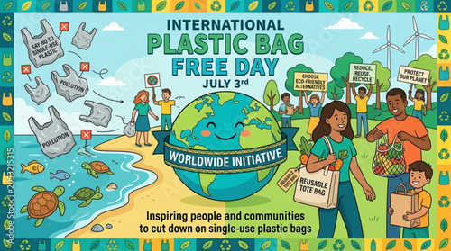 International Plastic Bag Free Day illustration promoting a worldwide initiative to reduce single-use plastic with people carrying reusable bags and a happy Earth for environmental awareness campaigns