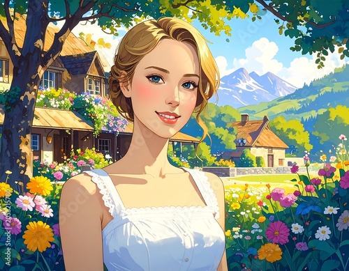 Portrait of a young woman with blonde hair, smiling, stands in a vibrant flower garden with a house, mountains, and bright sky