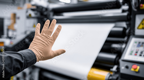 Gloved hand near machine in industrial print shop, pause before pinch point hazard and safety risk